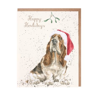 Basset Hound in a santa hat Christmas card