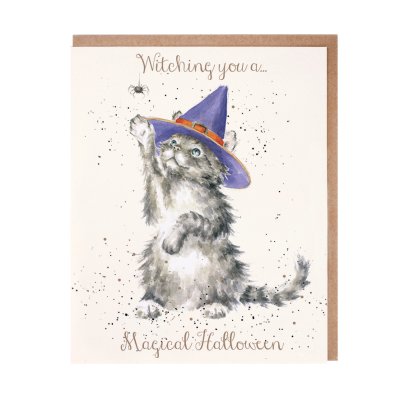 Grey cat in a purple witch hat halloween card