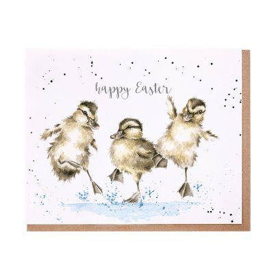 Ducklings splashing in puddle Easter card