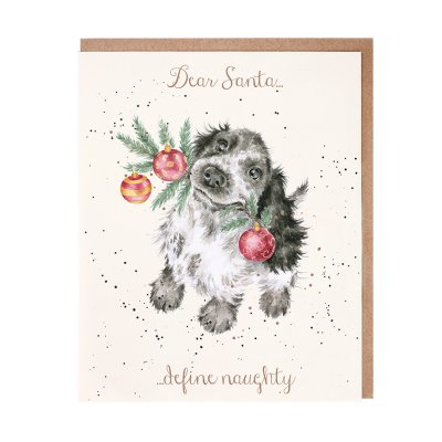 Spaniel with a Christmas tree branch and baubles in its mouth Christmas card