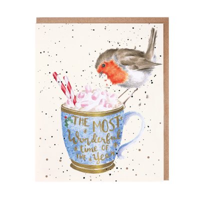 Robin on a festive mug Christmas card