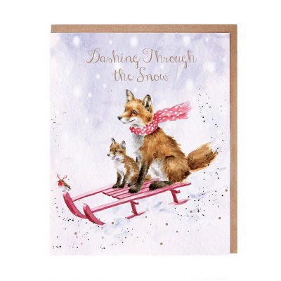 Fox and fox cub on a sledge Christmas card