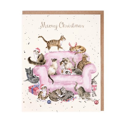 Cats on a sofa wearing Santa hats Christmas card