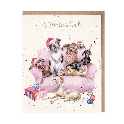 Dogs on a sofa with Santa hats Christmas card