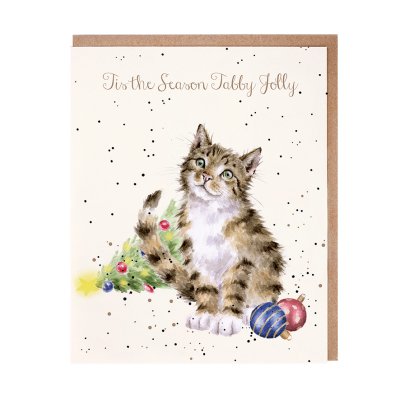 Cat with baubles and a fallen Christmas tree Christmas card