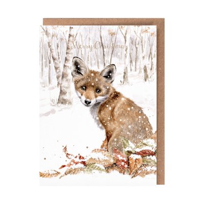 Fox in a snowy woodland illustrated Christmas card