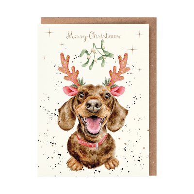 Dachsund in festive antlers illustrated Christmas card