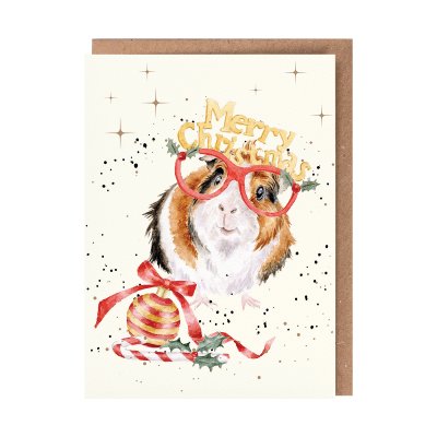 Guinea pig in festive glasses illustrated Christmas card