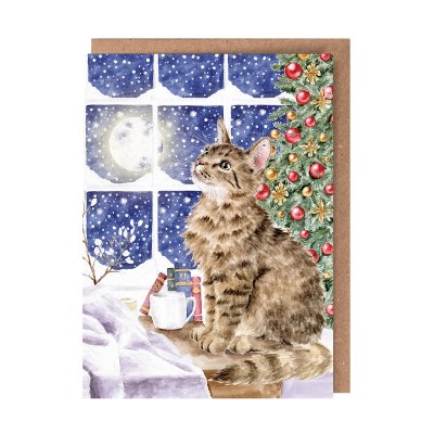 Cat looking at the moon Christmas card