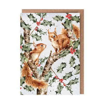 Squirrels in a holly tree Christmas card