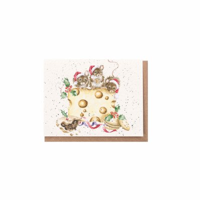 Mice in festive hats on cheese gift enclosure card