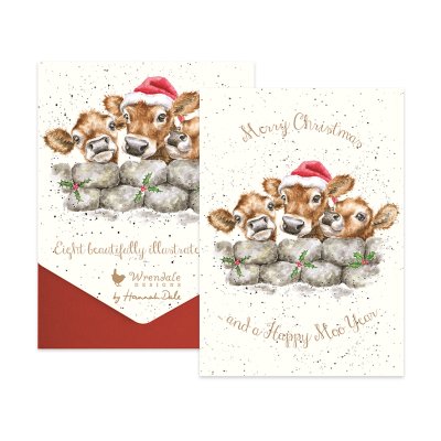 Cows in Christmas hats looking over a wall with holly in it illustrated Christmas card pack