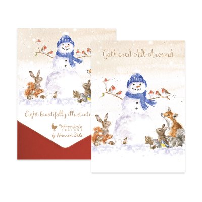 Woodland animals gathered around a snowman boxed Christmas card pack