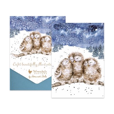 'Owlets' three owls on a branch in the snow illustrated Christmas card pack