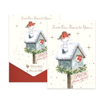 Robins on a festive bird box Christmas card pack