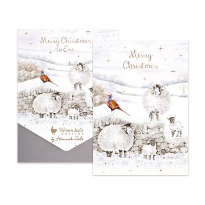 Sheep and pheasant snow scene illustrated Christmas card pack
