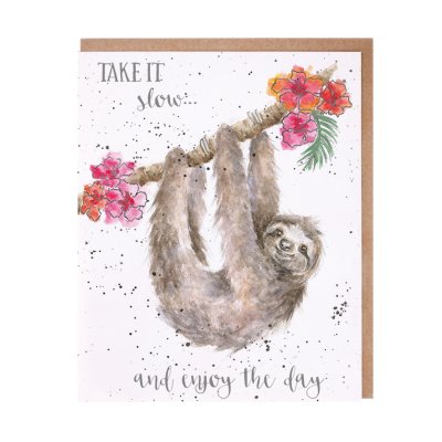 Sloth on a branch with tropical flowers greeting card