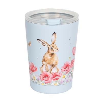 Thermal travel cup with hare and flower print