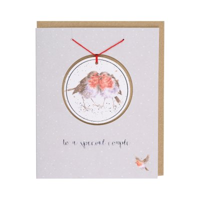 Special couple Christmas card with hanging robin decoration