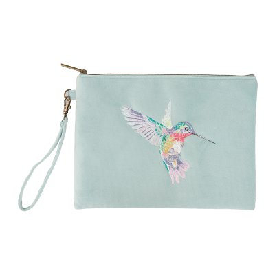 Pouch or clutch bag with embroidered hummingbird design