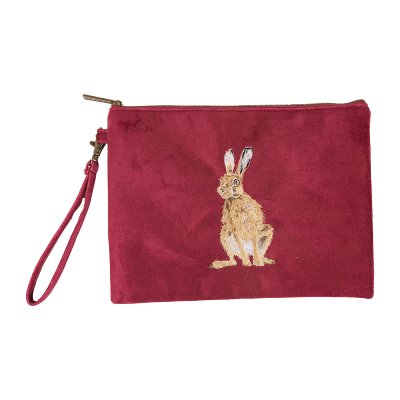 Pouch or clutch bag with embroidered hare design