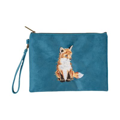 Pouch or clutch bag with embroidered fox design