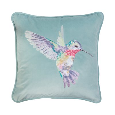 Hummingbird cushion on light blue fabric