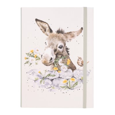 Illustrated donkey and dandelion notebook with flexible cover