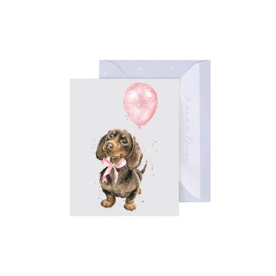 Dachshund with a pink bow and balloon mini card