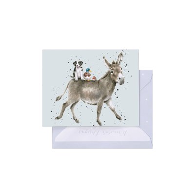 Donkey with a dog, duck and robin on its back mini card