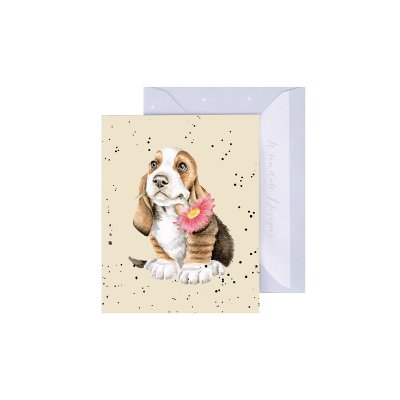 Basset Hound puppy with a flower in it's mouth mini card