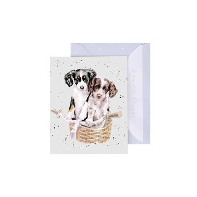 Two spaniel puppies in a bike basket illustrated mini card