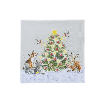 Christmas tree and woodland animal cocktail napkin