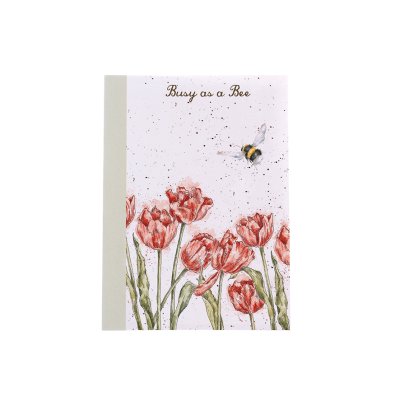 Bee illustrations flying around flowers on a paperback A6 notebook