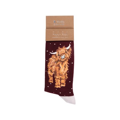 Highland cow on a mulberry background with snow men's socks