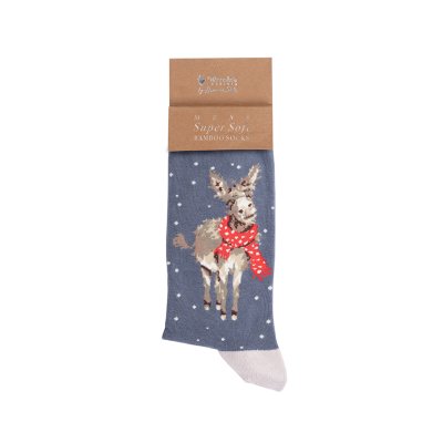 Donkey in a red spotty scarf on a blue background with snow men's socks